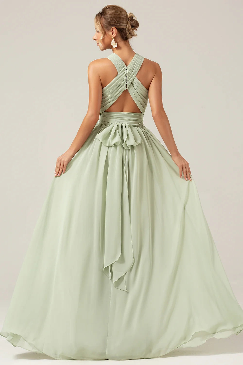OKBBN's charming A-line hanging neck pleated long Bridesmaid Dresses