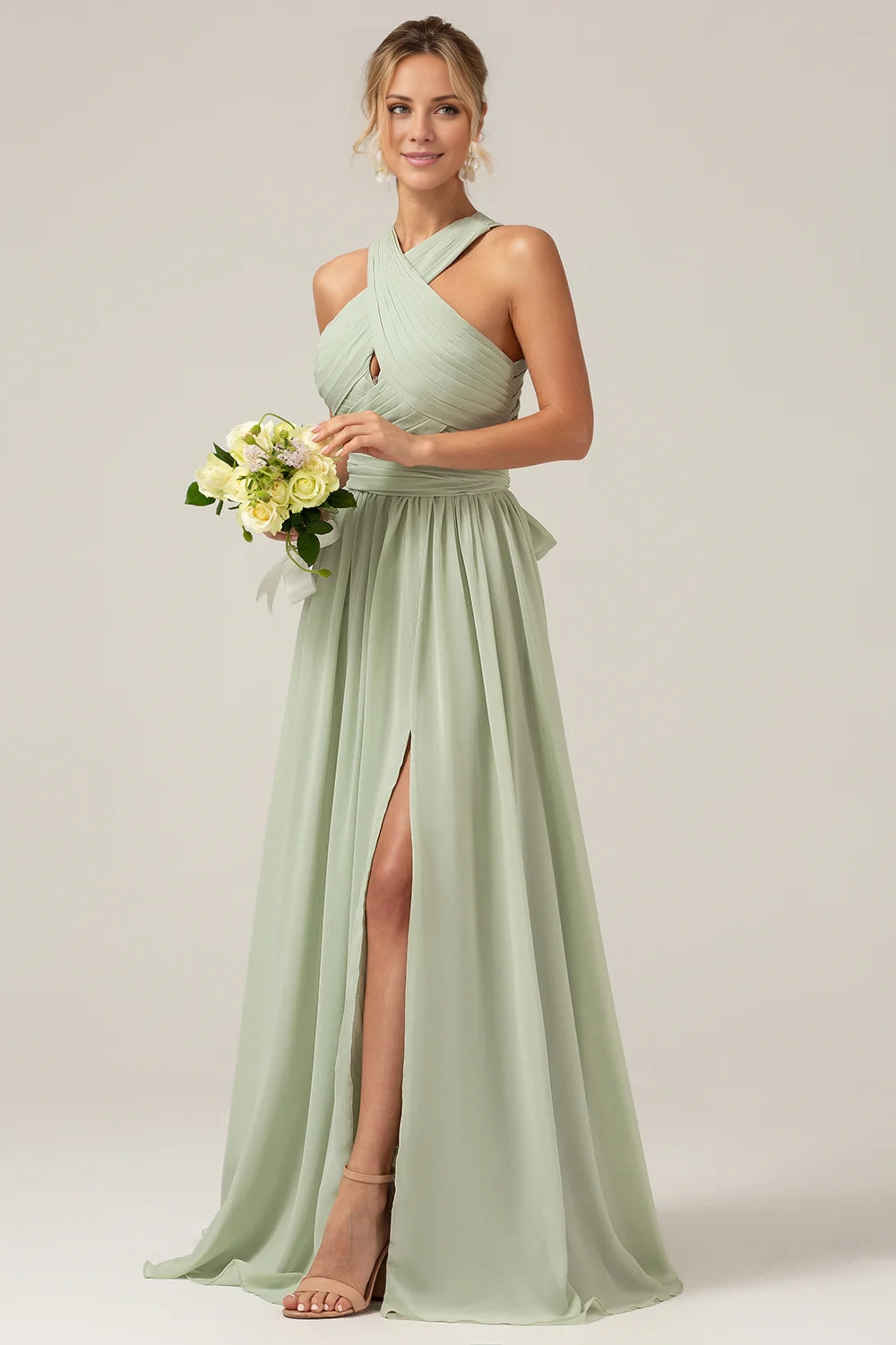 OKBBN's charming A-line hanging neck pleated long Bridesmaid Dresses
