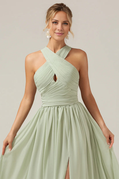 OKBBN's charming A-line hanging neck pleated long Bridesmaid Dresses