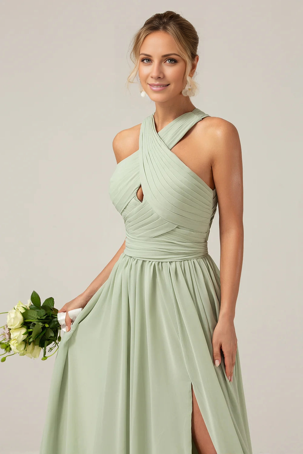 OKBBN's charming A-line hanging neck pleated long Bridesmaid Dresses