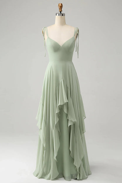 OKBBN's charming A-line high and low hem chiffon long ruffled Bridesmaid Dresses