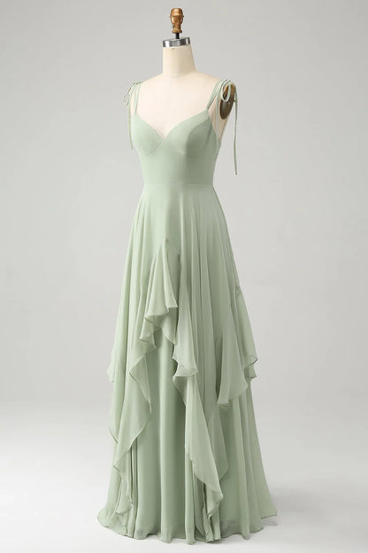 OKBBN's charming A-line high and low hem chiffon long ruffled Bridesmaid Dresses