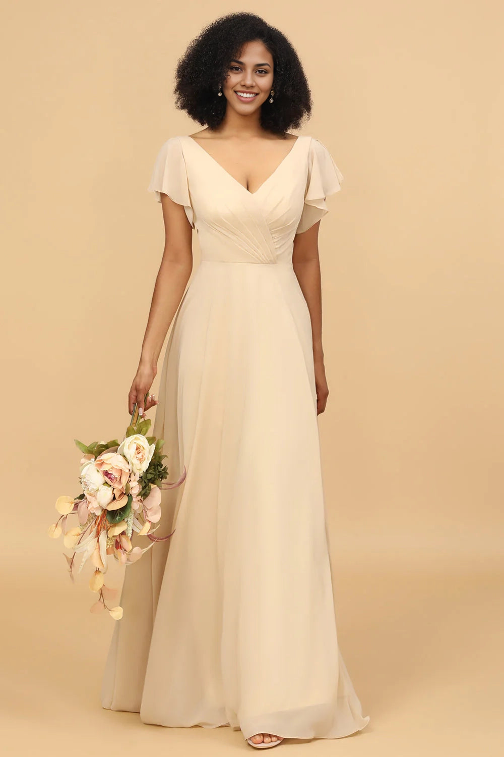 OKBBN's charming A-line long chiffon short sleeved Bridesmaid Dresses