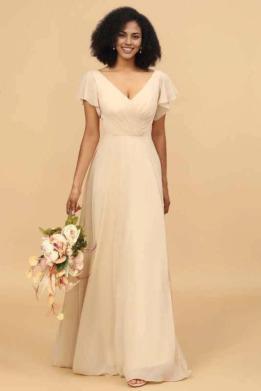 OKBBN's charming A-line long chiffon short sleeved Bridesmaid Dresses