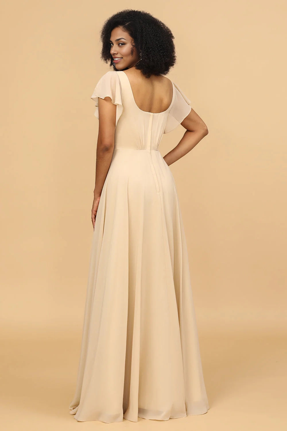 OKBBN's charming A-line long chiffon short sleeved Bridesmaid Dresses