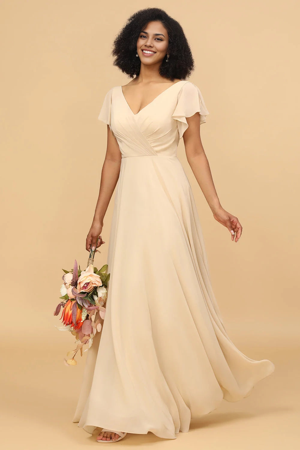 OKBBN's charming A-line long chiffon short sleeved Bridesmaid Dresses