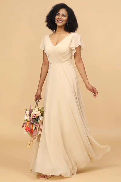 OKBBN's charming A-line long chiffon short sleeved Bridesmaid Dresses