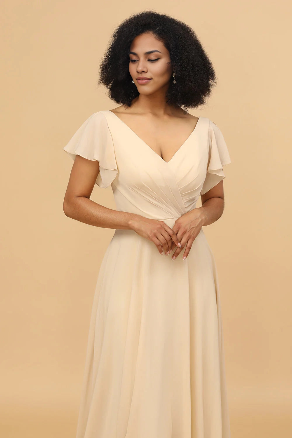 OKBBN's charming A-line long chiffon short sleeved Bridesmaid Dresses