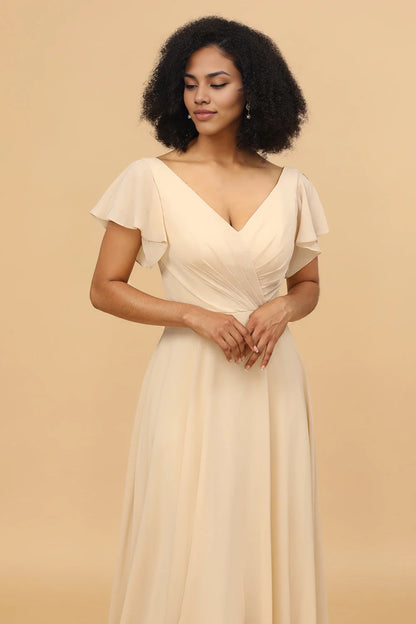 OKBBN's charming A-line long chiffon short sleeved Bridesmaid Dresses