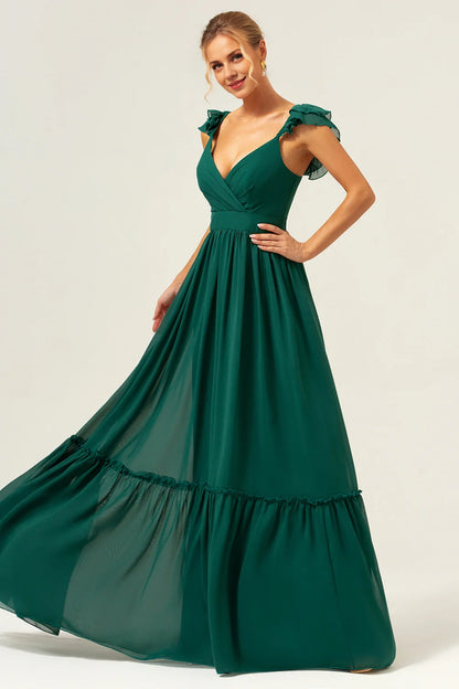 OKBBN's charming A-line off shoulder chiffon pleated long Bridesmaid Dresses