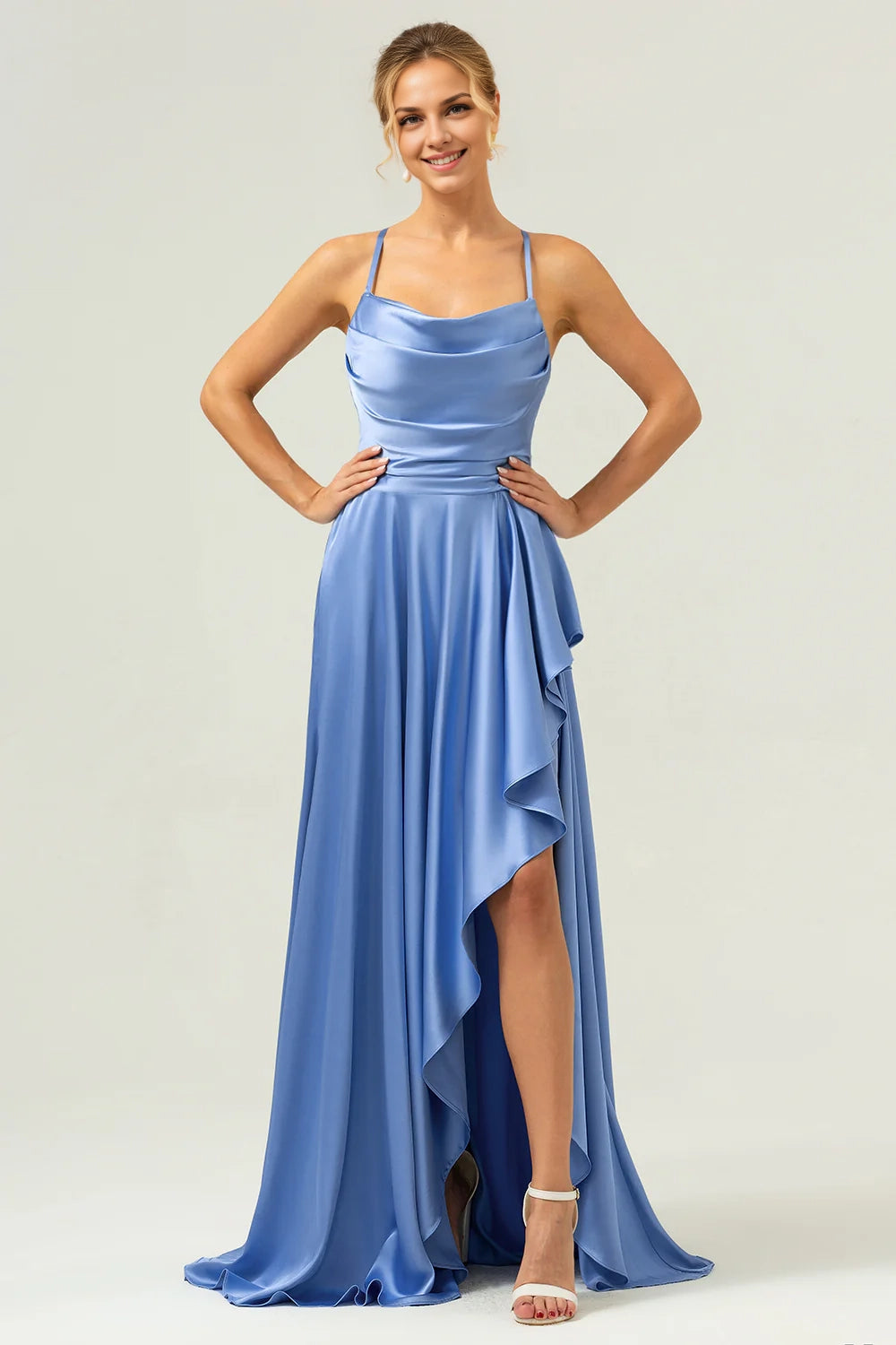 OKBBN's charming A-line satin asymmetrical ruffled Bridesmaid Dresses