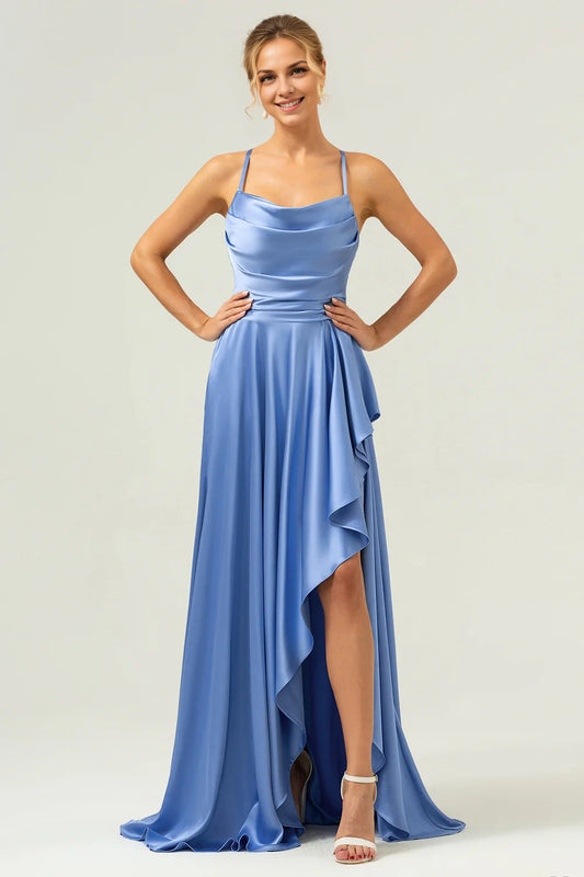 OKBBN's charming A-line satin asymmetrical ruffled Bridesmaid Dresses