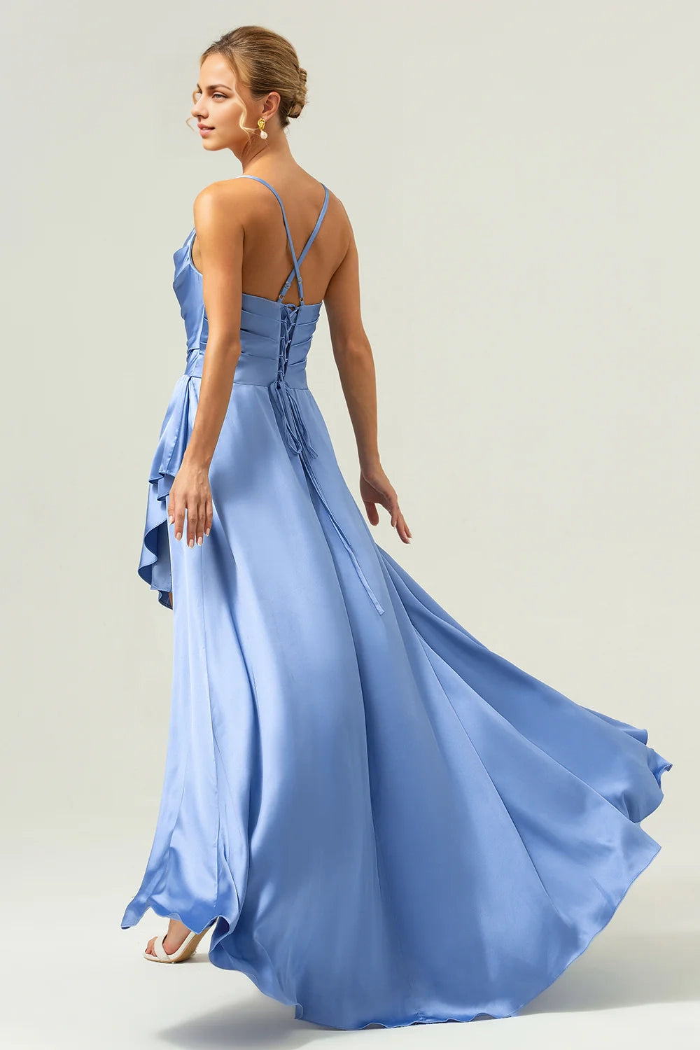 OKBBN's charming A-line satin asymmetrical ruffled Bridesmaid Dresses