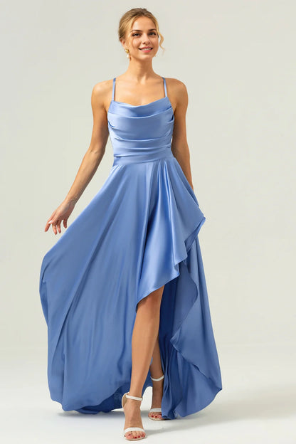 OKBBN's charming A-line satin asymmetrical ruffled Bridesmaid Dresses