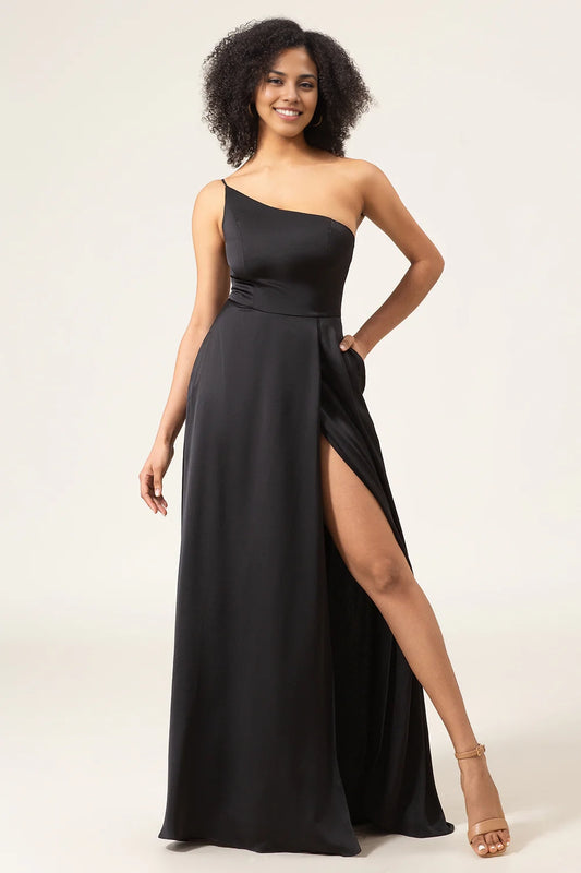 OKBBN's charming A-line shoulder and floor chiffon slit Bridesmaid Dresses
