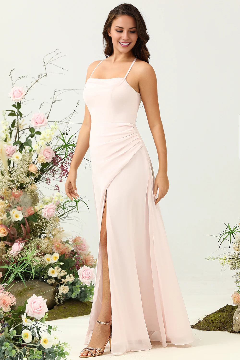 OKBBN's charming A-line slim shoulder strap chiffon slit Bridesmaid Dresses