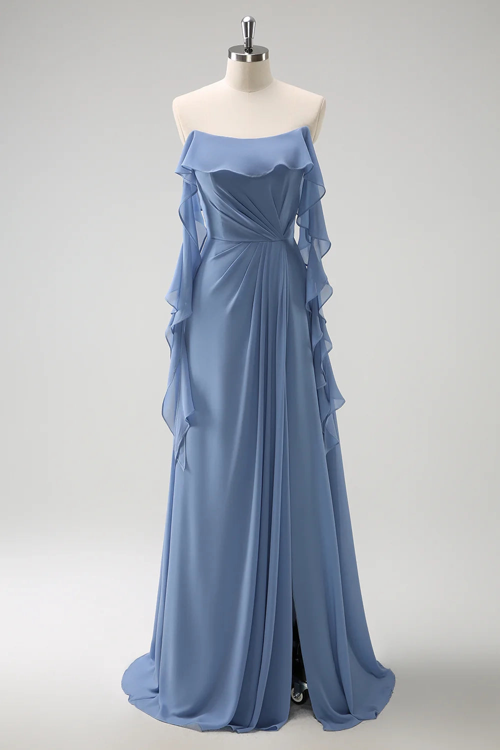 OKBBN's charming A-line slim shoulder strap pleated chiffon long slit Bridesmaid Dresses