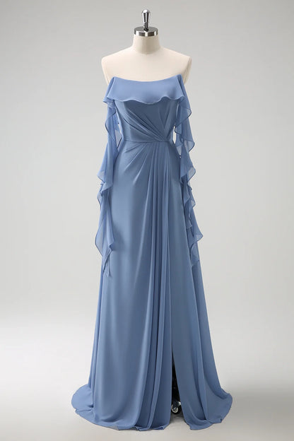 OKBBN's charming A-line slim shoulder strap pleated chiffon long slit Bridesmaid Dresses