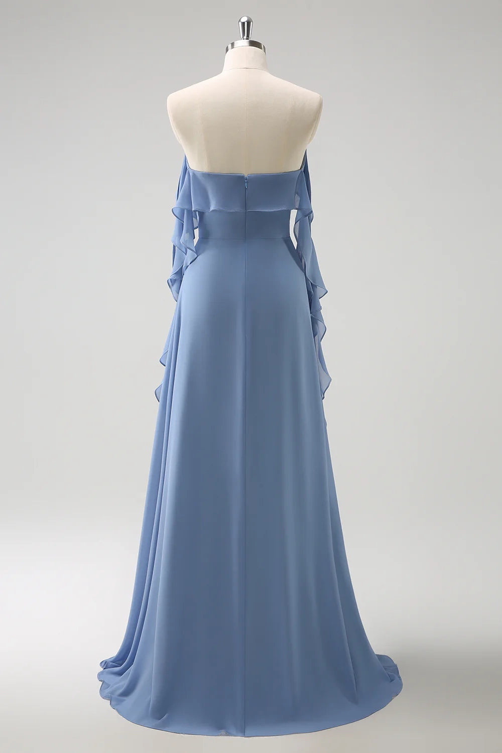 OKBBN's charming A-line slim shoulder strap pleated chiffon long slit Bridesmaid Dresses