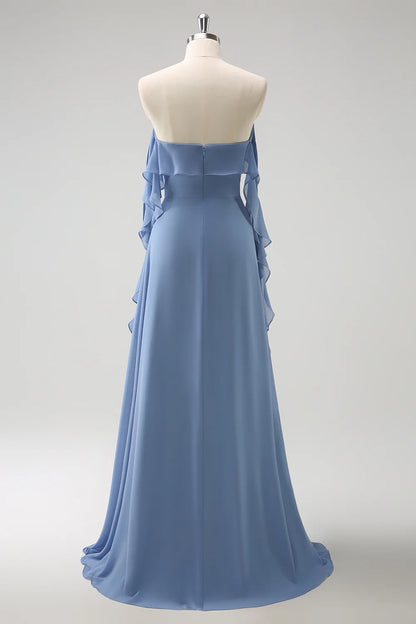 OKBBN's charming A-line slim shoulder strap pleated chiffon long slit Bridesmaid Dresses