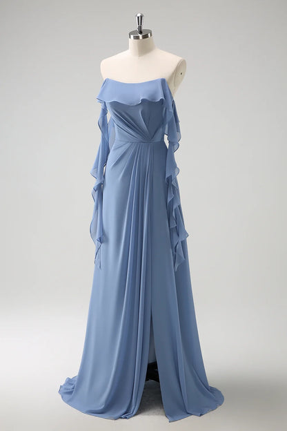OKBBN's charming A-line slim shoulder strap pleated chiffon long slit Bridesmaid Dresses
