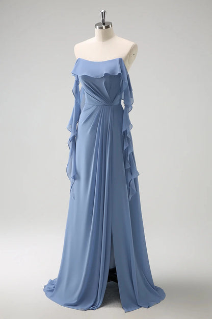 OKBBN's charming A-line slim shoulder strap pleated chiffon long slit Bridesmaid Dresses