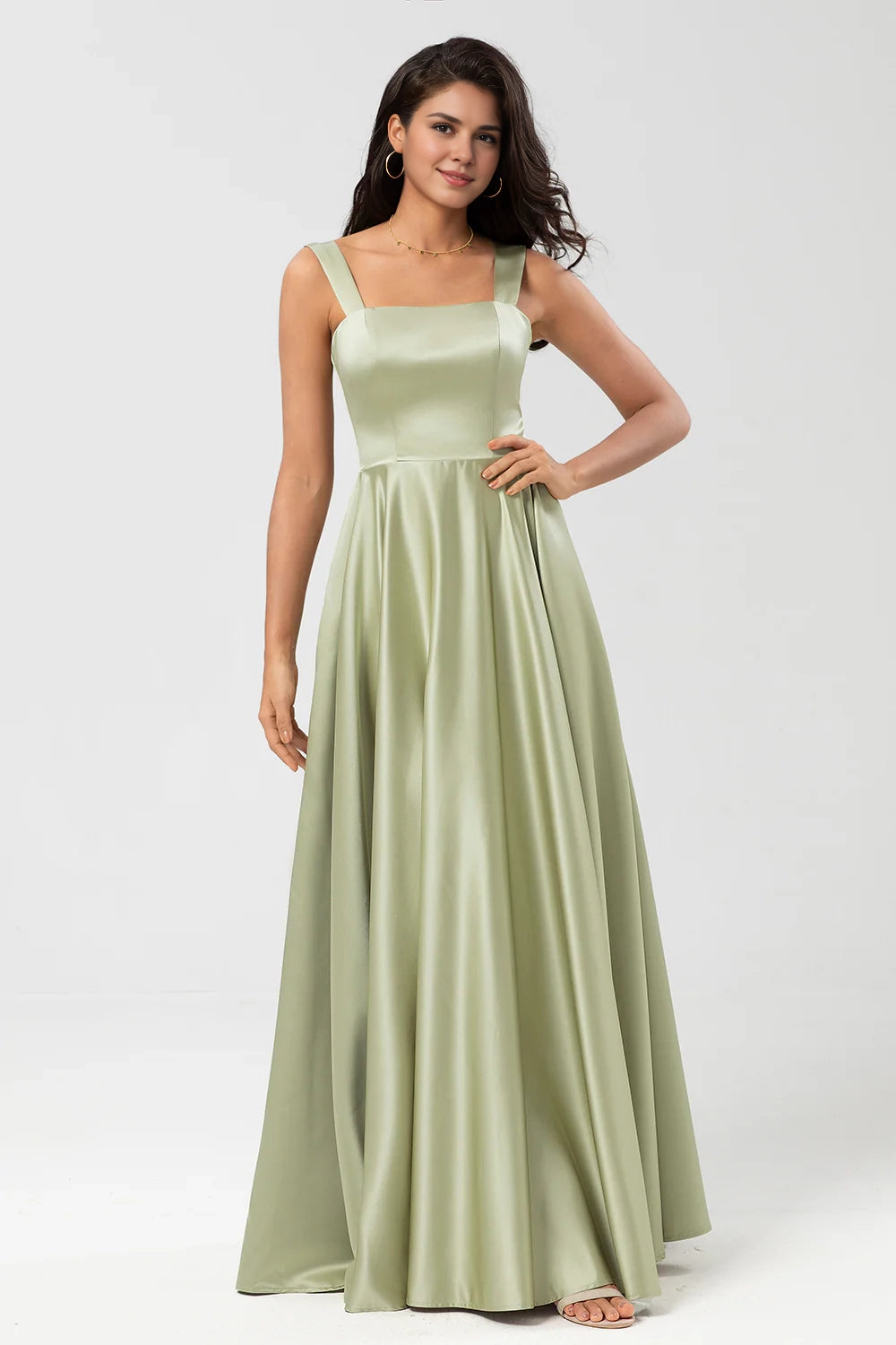 OKBBN's charming A-line square collar and floor satin Bridesmaid Dresses
