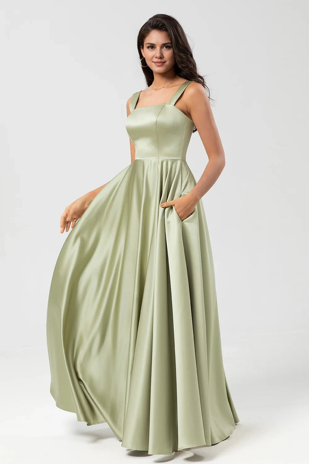 OKBBN's charming A-line square collar and floor satin Bridesmaid Dresses