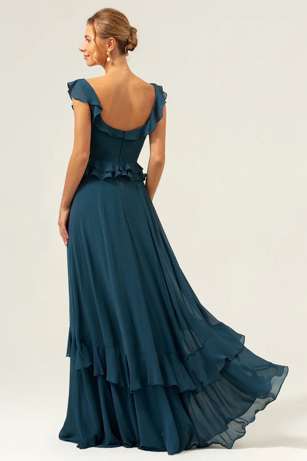 OKBBN's charming A-line square collar layered chiffon long Bridesmaid Dresses