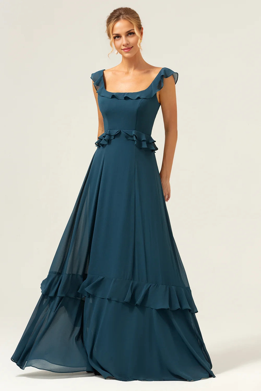 OKBBN's charming A-line square collar layered chiffon long Bridesmaid Dresses