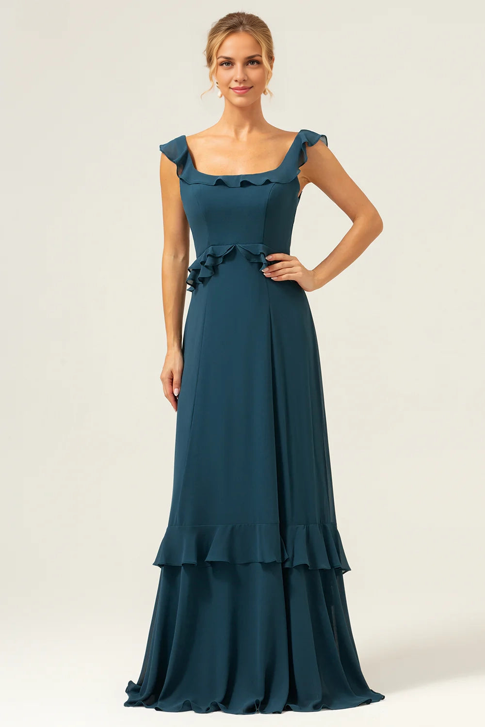 OKBBN's charming A-line square collar layered chiffon long Bridesmaid Dresses