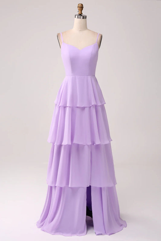 OKBBN's charming A-line thin shoulder strap and floor slit Bridesmaid Dresses