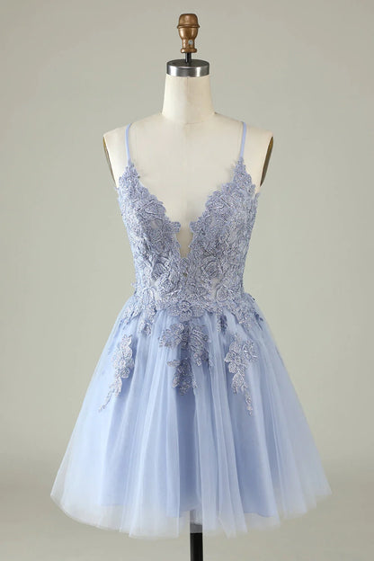 OKBBN's charming A-line thin shoulder strap decal short Homecoming Dresses