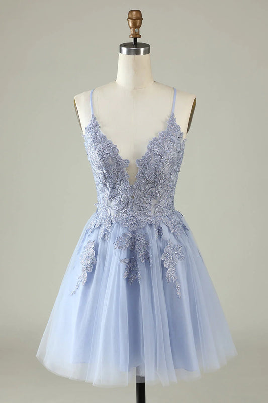 OKBBN's charming A-line thin shoulder strap decal short Homecoming Dresses