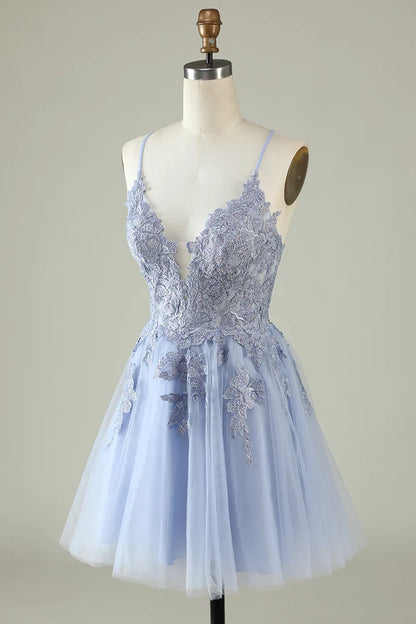 OKBBN's charming A-line thin shoulder strap decal short Homecoming Dresses