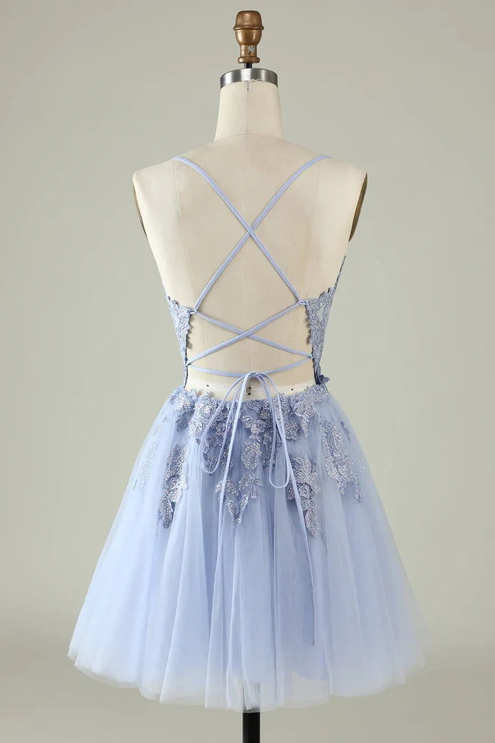 OKBBN's charming A-line thin shoulder strap decal short Homecoming Dresses
