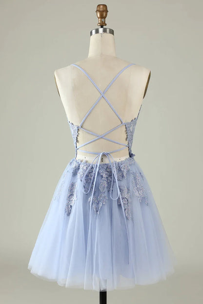 OKBBN's charming A-line thin shoulder strap decal short Homecoming Dresses