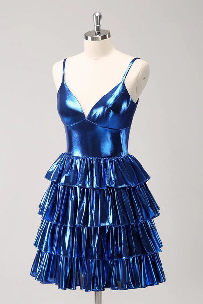 OKBBN's charming A-line thin shoulder strap layered short Homecoming Dresses