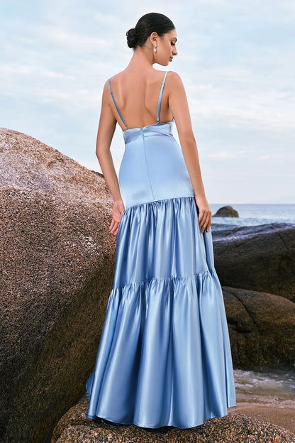 OKBBN's charming A-line thin shoulder strap satin long pleated Bridesmaid Dresses