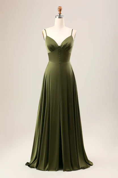 OKBBN's charming A-line thin shoulder strap slit long Bridesmaid Dresses
