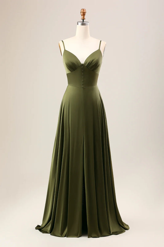 OKBBN's charming A-line thin shoulder strap slit long Bridesmaid Dresses