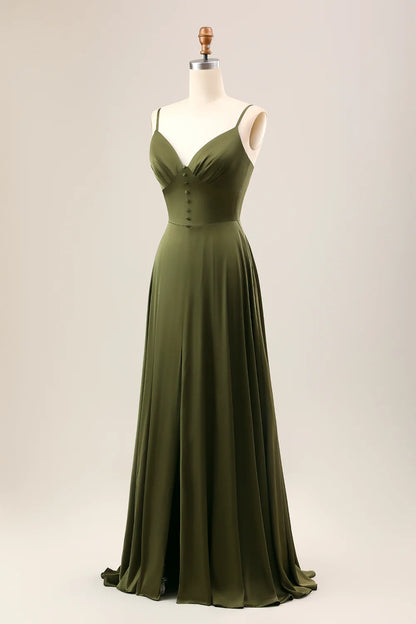 OKBBN's charming A-line thin shoulder strap slit long Bridesmaid Dresses