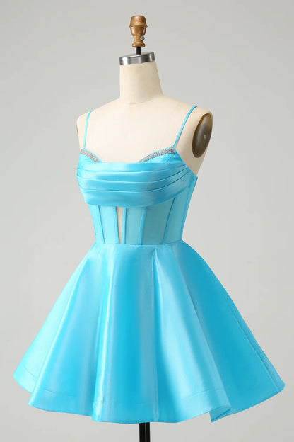 OKBBN's charming A-line thin shoulder strap waistband short bead decoration Homecoming Dresses
