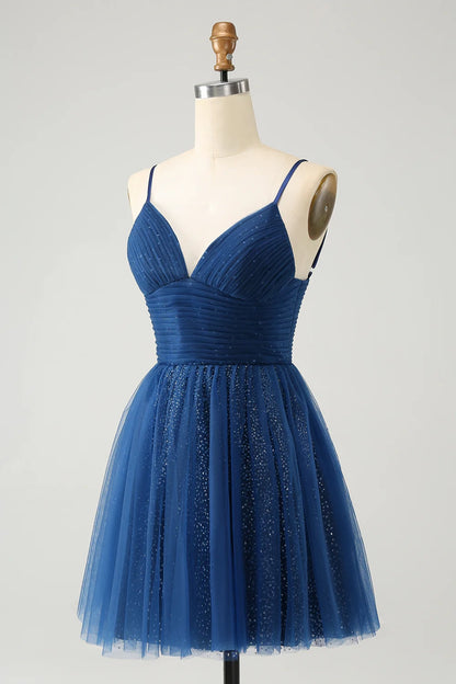 OKBBN's charming A-line thin shoulder strap with pleated chiffon sequins short Homecoming Dresses