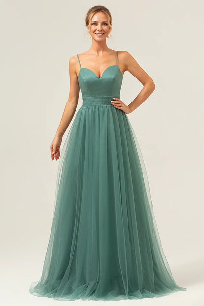 OKBBN's charming A-line thin shoulder strap with pleated decoration for floor mopping Bridesmaid Dresses