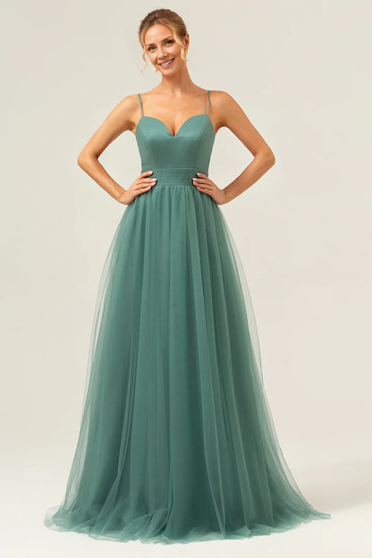 OKBBN's charming A-line thin shoulder strap with pleated decoration for floor mopping Bridesmaid Dresses