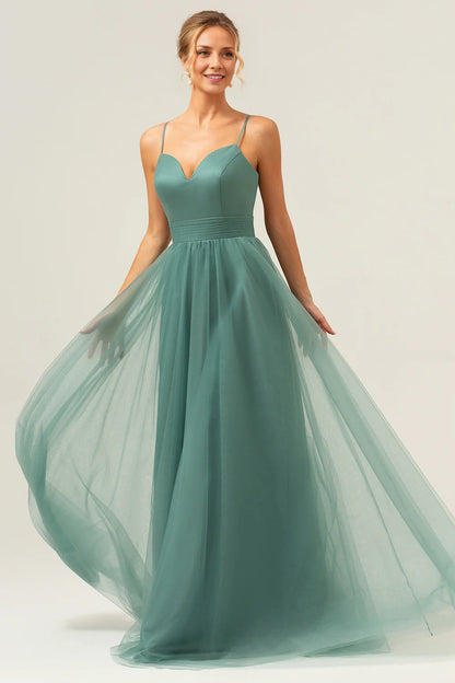 OKBBN's charming A-line thin shoulder strap with pleated decoration for floor mopping Bridesmaid Dresses