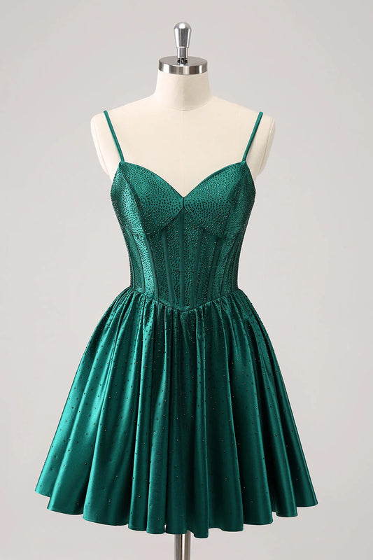 OKBBN's charming A-line thin shoulder strap with ruffled edges and waist cinching short Homecoming Dresses