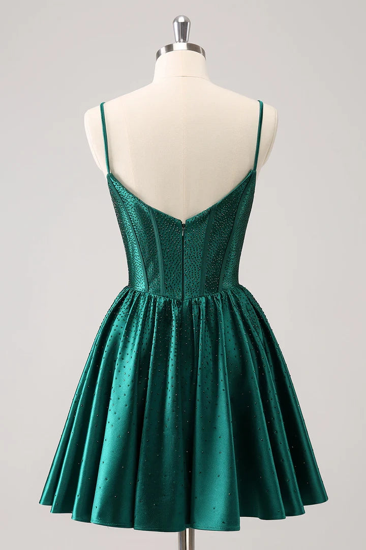 OKBBN's charming A-line thin shoulder strap with ruffled edges and waist cinching short Homecoming Dresses