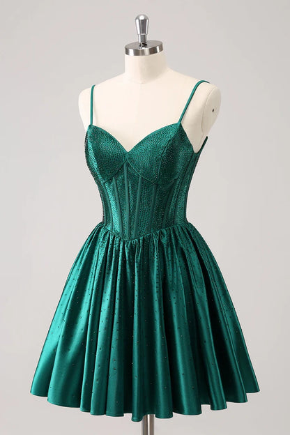 OKBBN's charming A-line thin shoulder strap with ruffled edges and waist cinching short Homecoming Dresses